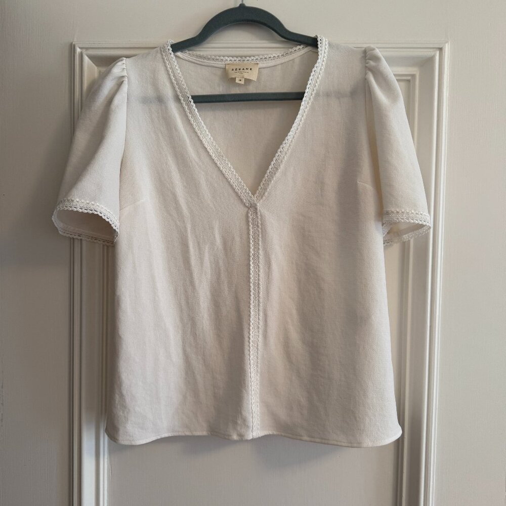 Sezane: Short Sleeve White V-Neck Blouse, Size 36